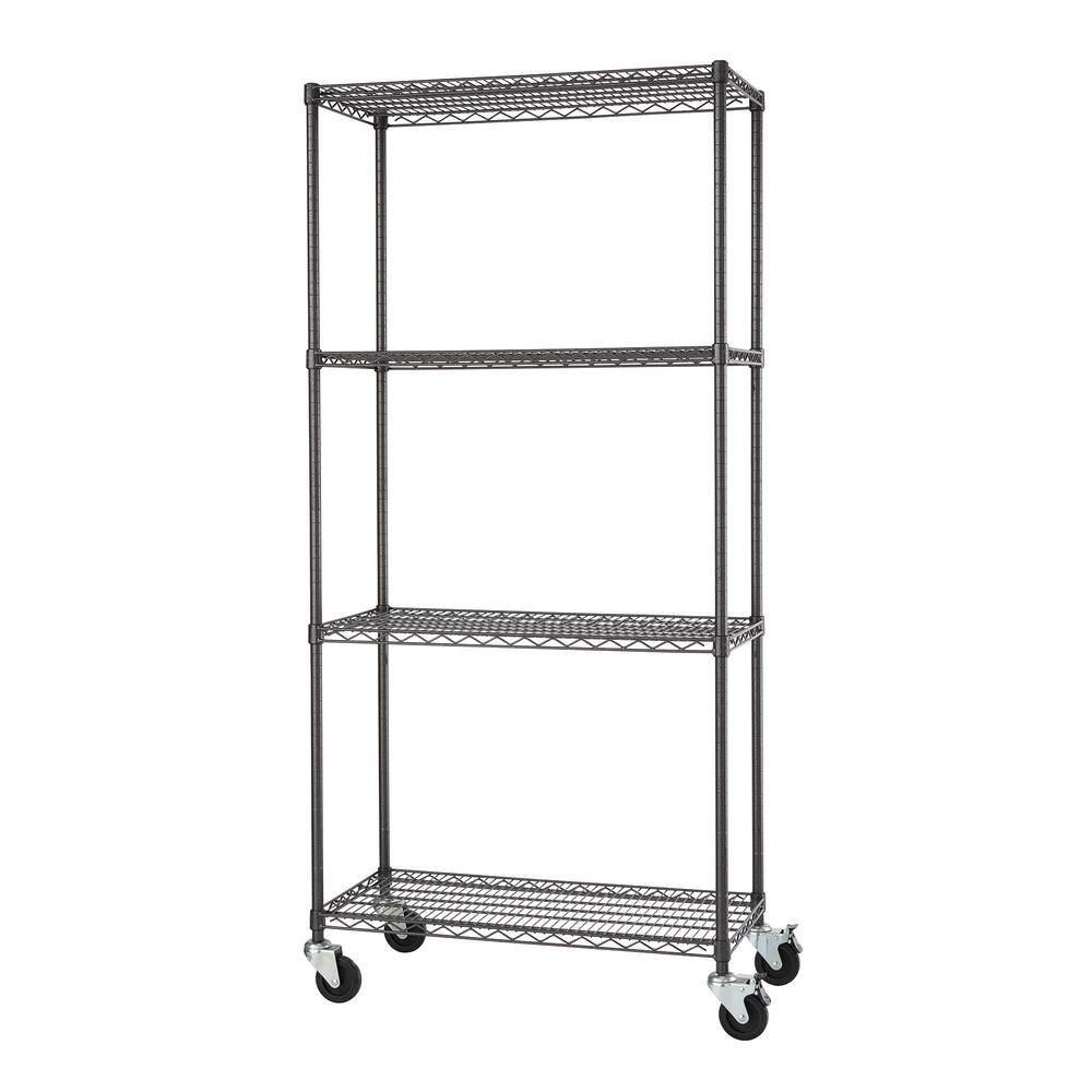 TRINITY PRO Black 4-Tier Rolling Steel Wire Garage Storage Shelving Unit (36 in. W x 77 in. H x 18 in. D) TBFPBA-0920