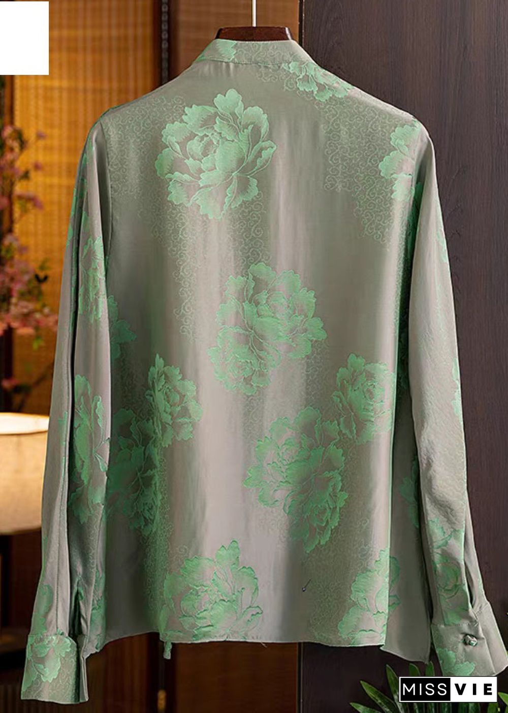 Beautiful Green Mandarin Collar Button Print Silk Shirt Top Spring