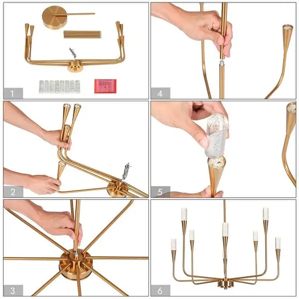 Mid-century Modern Gold LED Chandelier 8-Light Candle Metal Ceiling Light for Dining Room