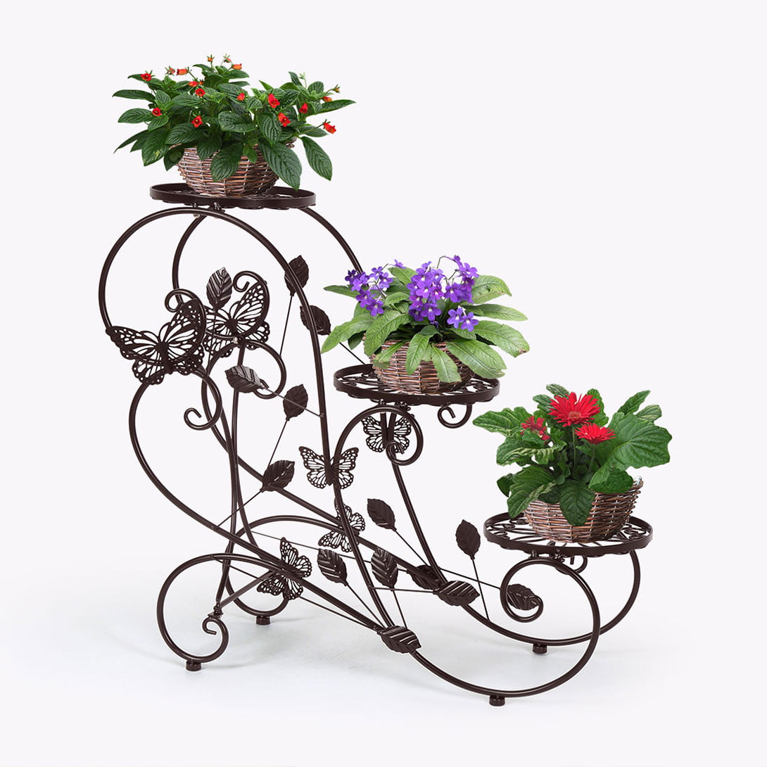 HLC Metal Potted Plant Display Stand Garden Patio Display Rack with 3-Flower Pot Holder, Bronze