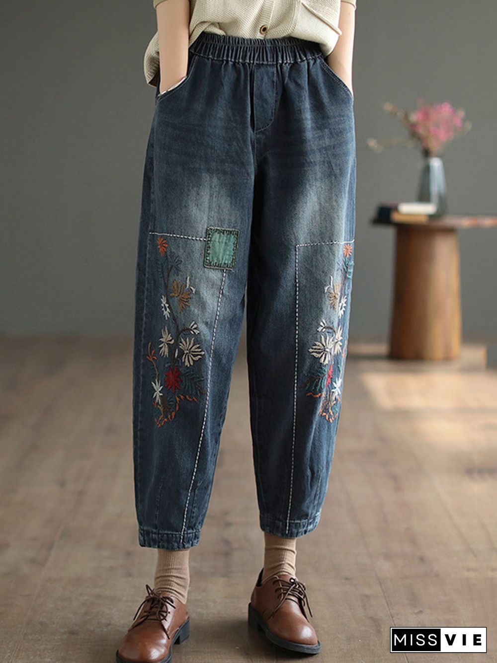 Vintage Loose Embroidered Elasticity Harem Jean Pants Bottoms