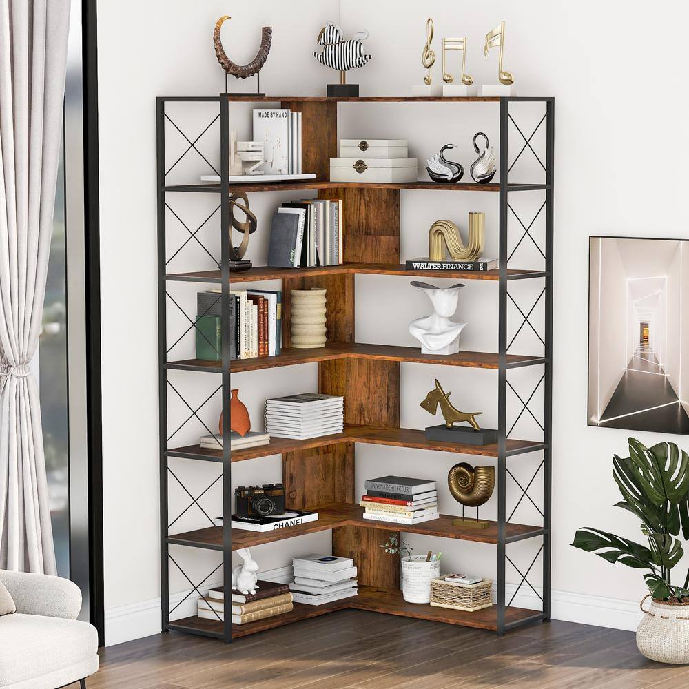 Angel Sar 37.40 in. Wide Golden and White Wood 7-Tier L-Shaped Bookcase Corner Bookcase with Metal Frame AD000273