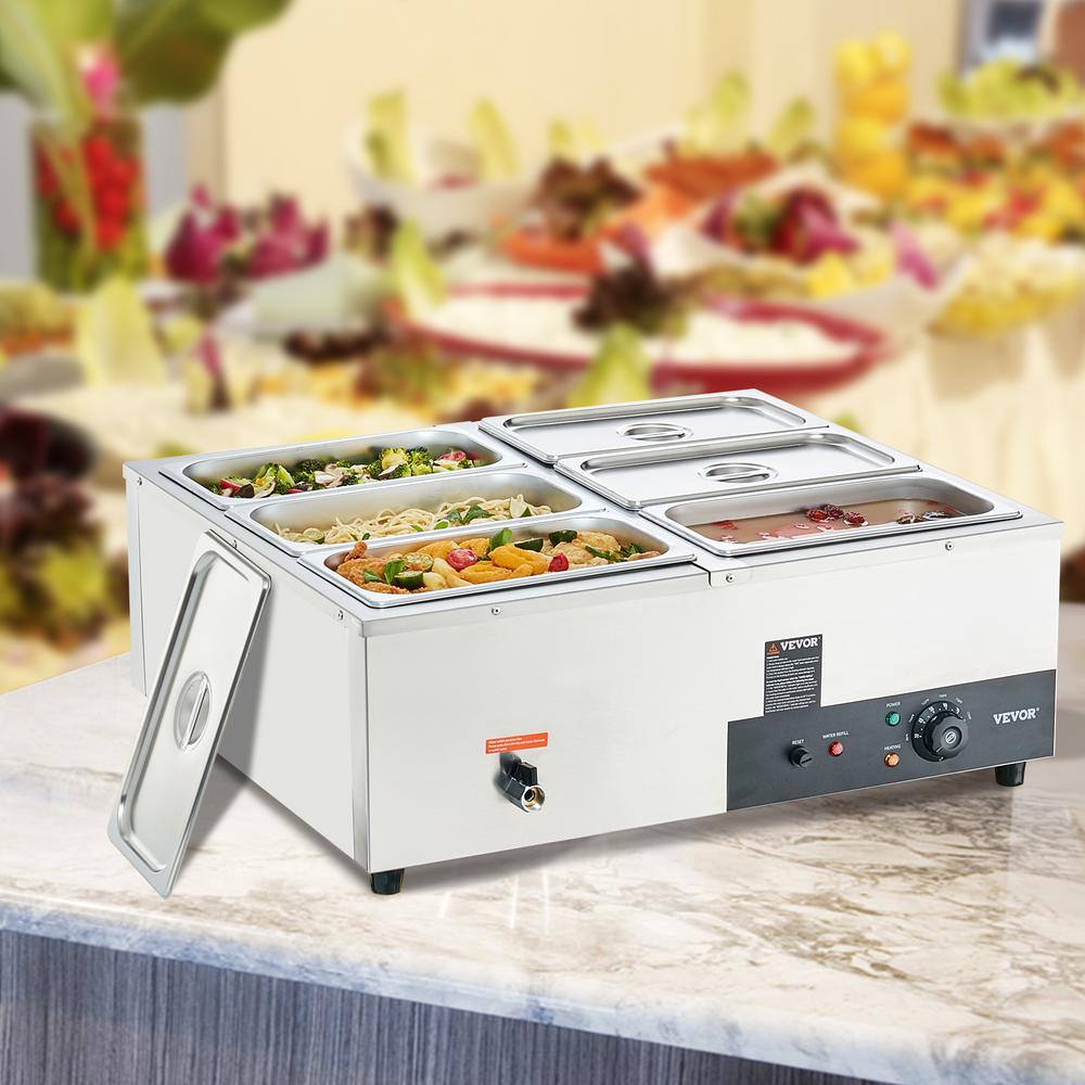 VEVOR 6-Pan Commercial Food Warmer 6 qt. x 8 qt. Electric Steam Table 1200 Watt Countertop Stainless Steel Buffet Bain Marie BWT668QT1200WEPJYV1