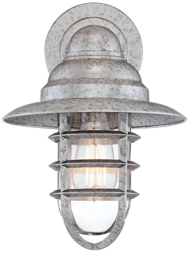 High Farmhouse Rustic Hooded Cage Outdoor Wall Light Fixture Mount Porch House Set Of 2 Galvanized Clear Glass Shade