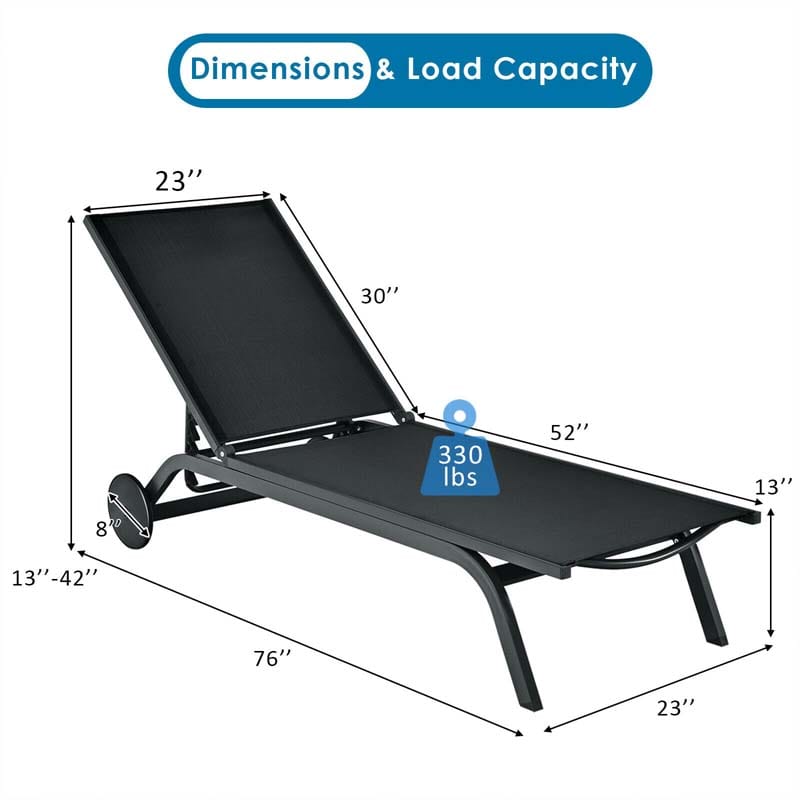 Aluminum Patio Chaise Lounge Chair with Wheels, 6-Position Fabric Outdoor Sun Lounger for Pool Beach Deck Yard