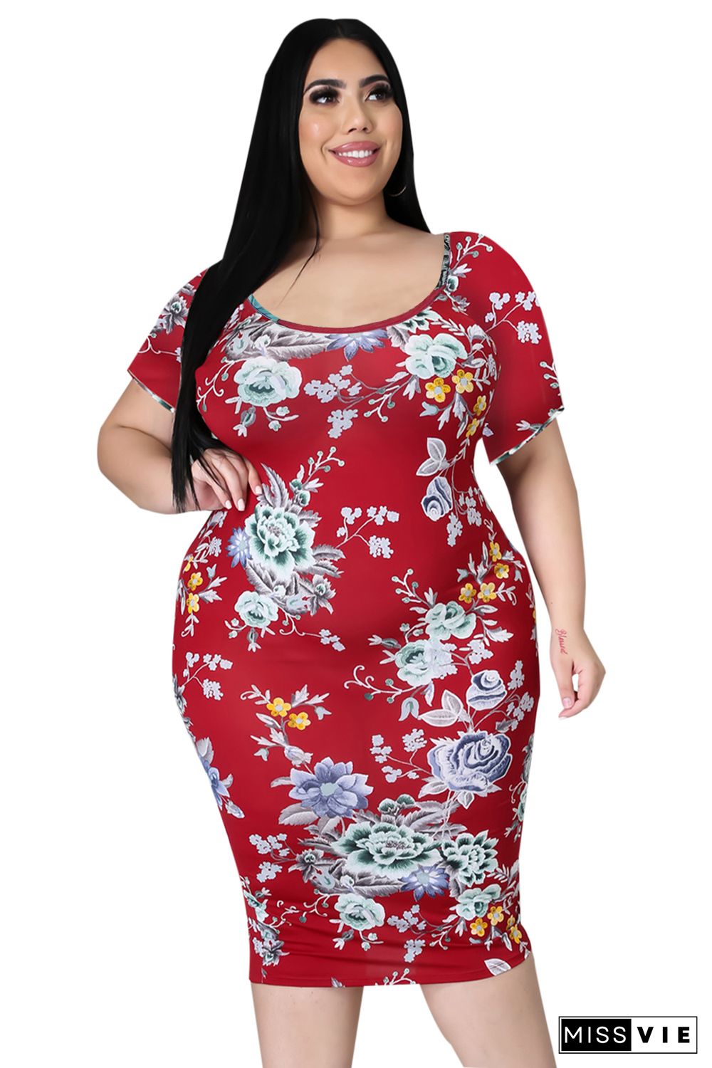 Red Plus Size Floral Short Sleeve Slim Fit Midi Dress