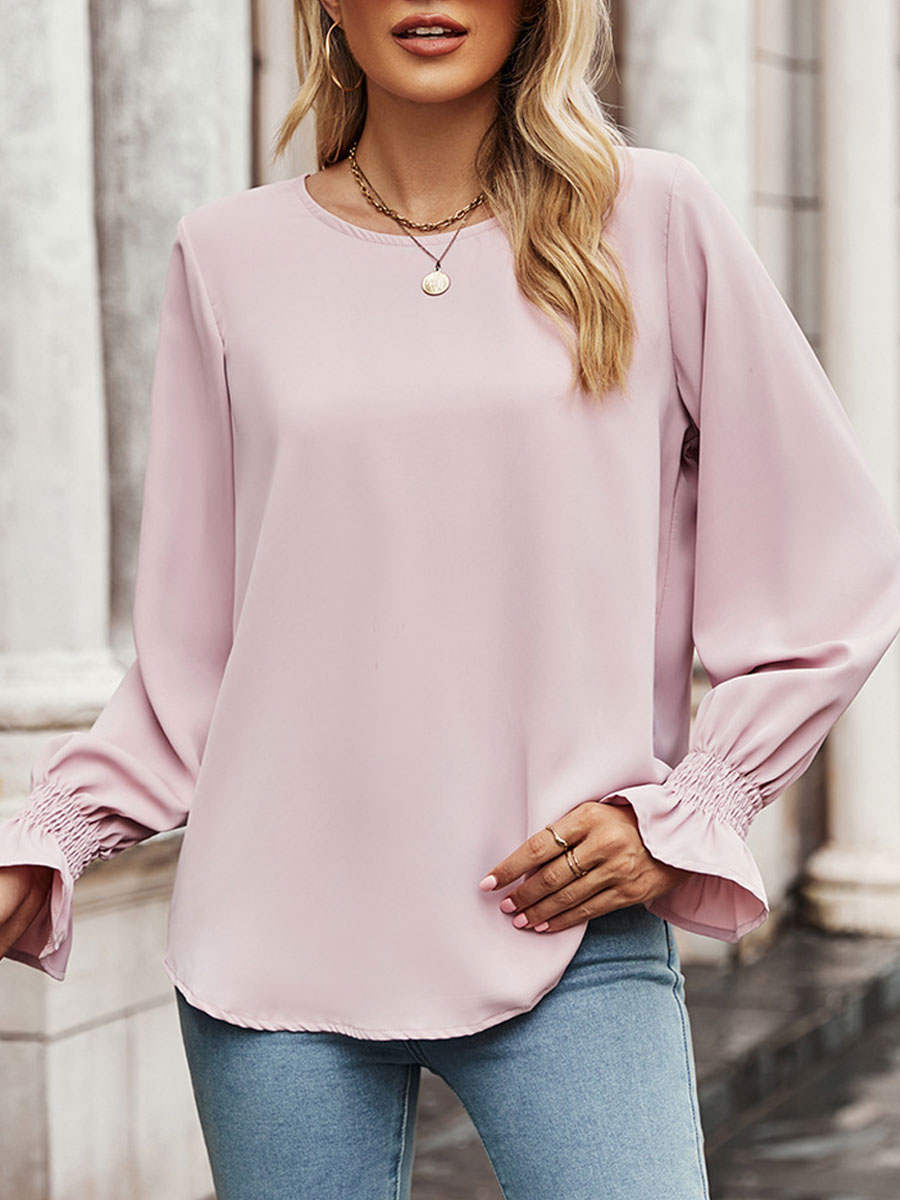 Round Neck Casual Loose Solid Color Long Sleeve Blouse