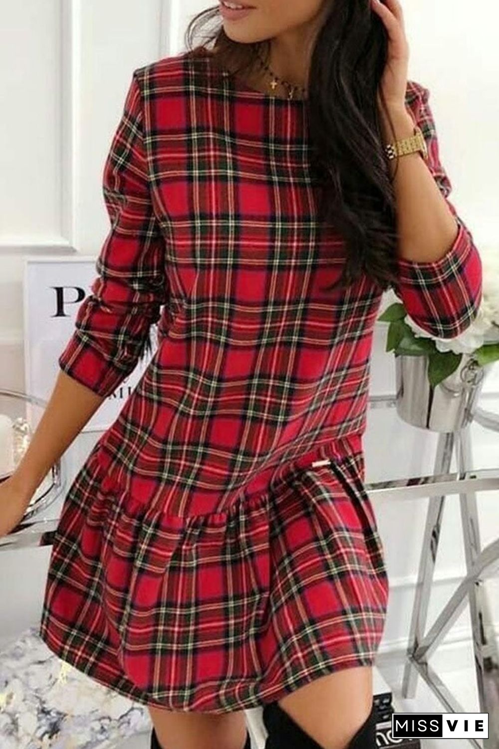 Fashion Casual Plaid Split Joint Mandarin Collar Princess Dresses