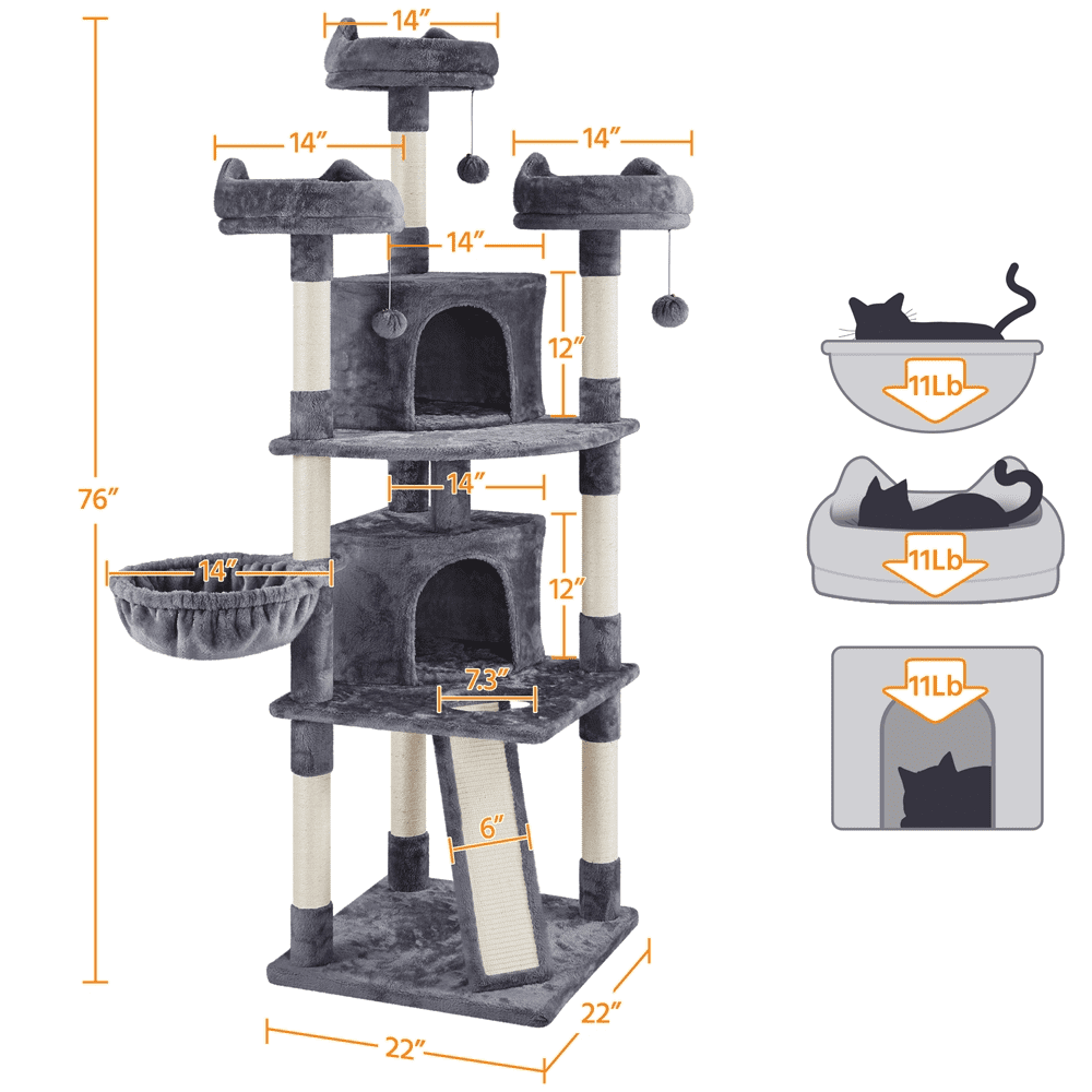 SmileMart 76"H Large Multilevel Cat Tree Tower with Condos and Perches, Dark Gray