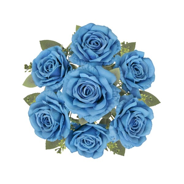 Set of 2 Deluxe Blue Artificial Elegant Rose Flower Stem Bush Bouquet 17in