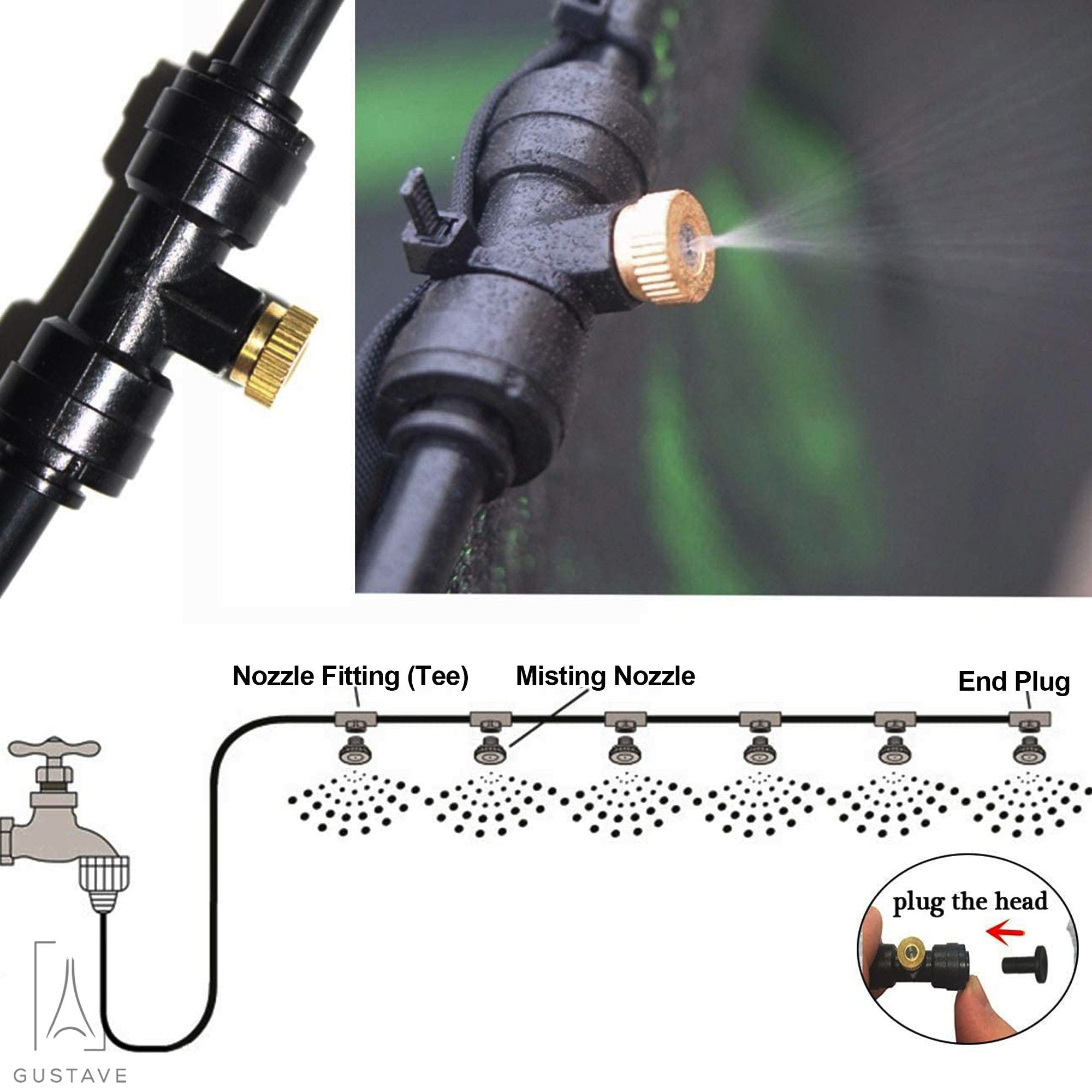 Gustave Misting Nozzles Kit， Outdoor Misting Nozzle Tees 10/24 UNC Tees 10pcs + 0.4mm Orifice Nozzle 10pcs and 1Plug， for Outdoor Cooling System 