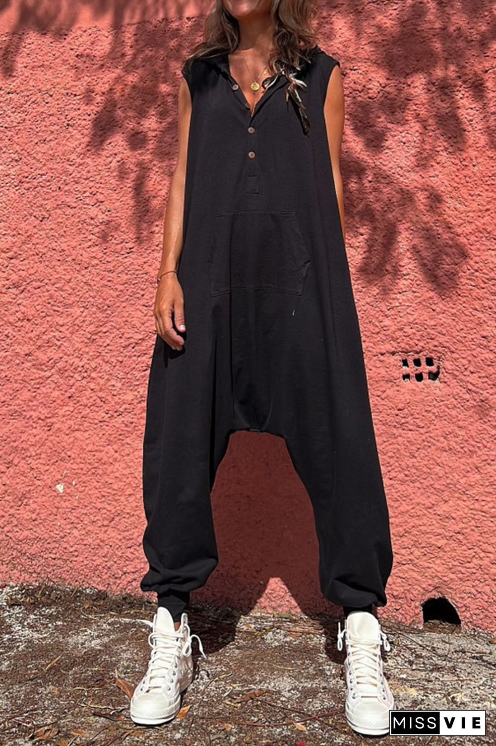 Loose Fit Sleeveless Hooded Plain Jumpsuit