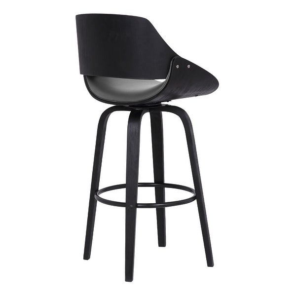 30 Inch Leatherette and Wooden Swivel Barstool， Black and Gray