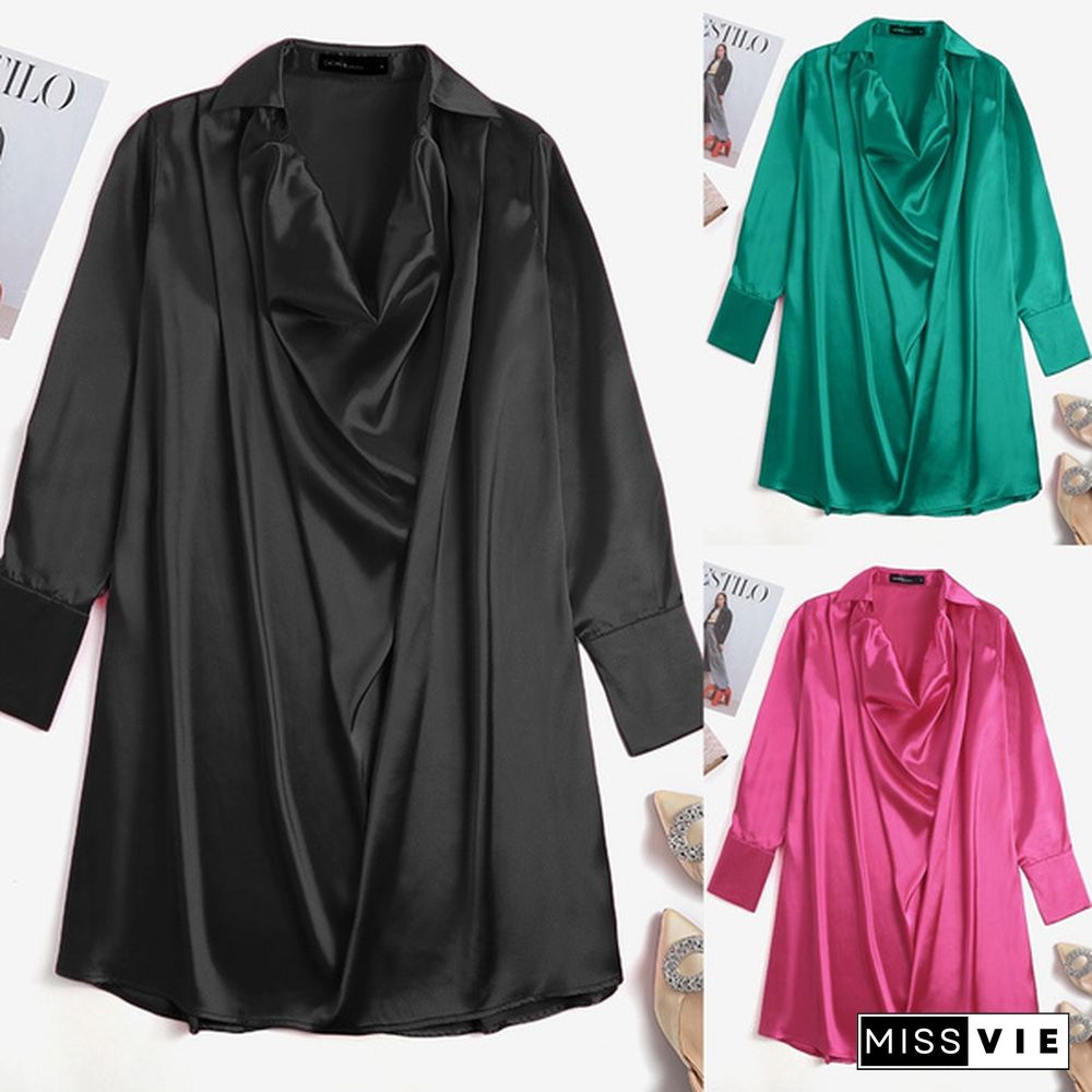 Women Long Sleeve Mini Dress Satin Silk Lapel Cowlneck Party Casual Loose Shirt Dress Plus Size