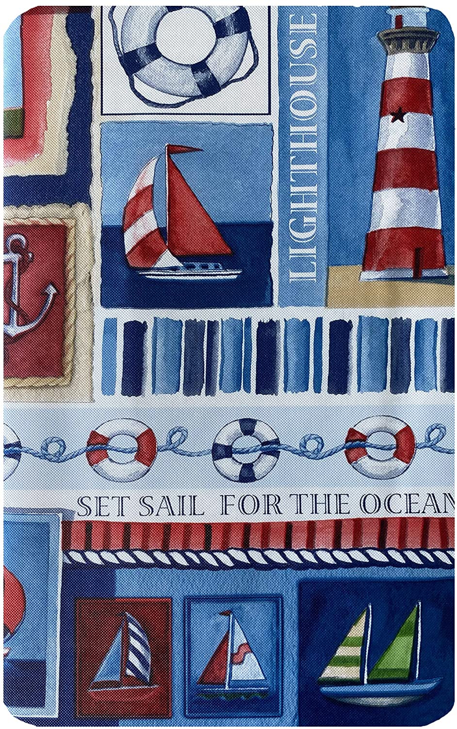 Newbridge Nautical Mile Print Vinyl Flannel Backed Tablecloth， - Sailboat and Lighthouse Print Wipe Clean Patio， Kitchen and Dining Tablecloth， 70” Round