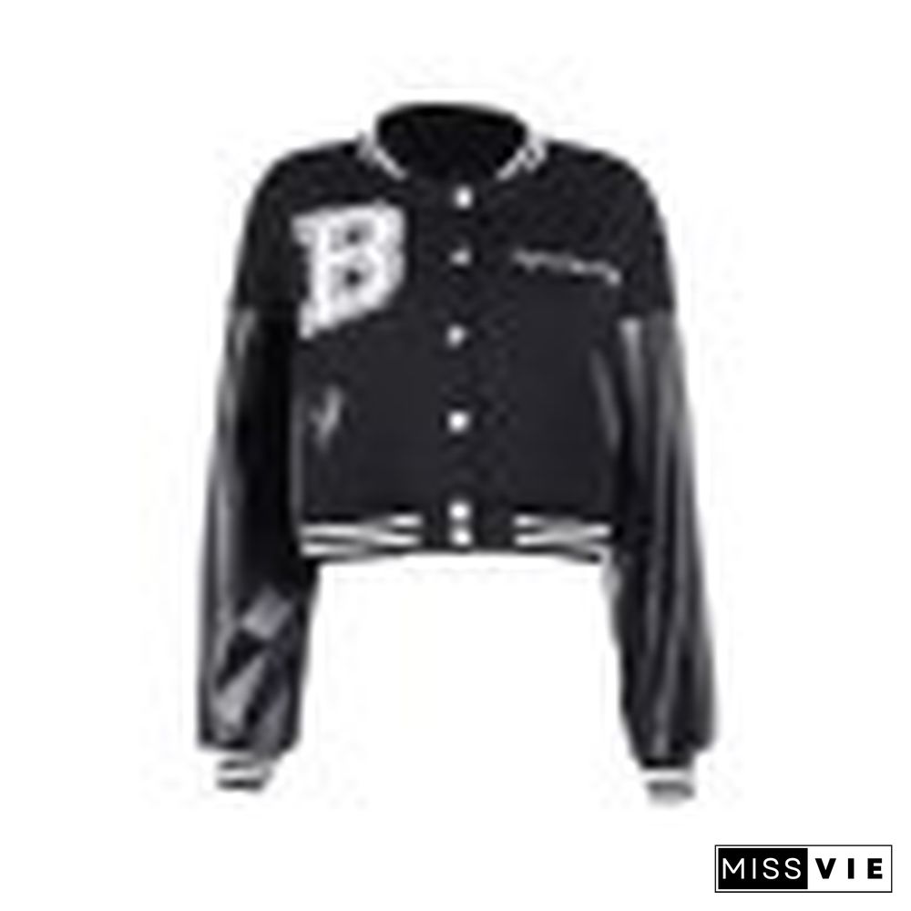 Embroidery Pu Leather Paneled Cropped Varsity Jacket