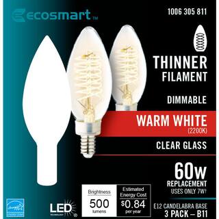 EcoSmart 60-Watt Equivalent B11 Dimmable E12 Candelabra Fine Bendy Filament LED Vintage Edison Light Bulb Warm White (3-Pack) B11C7E12822S