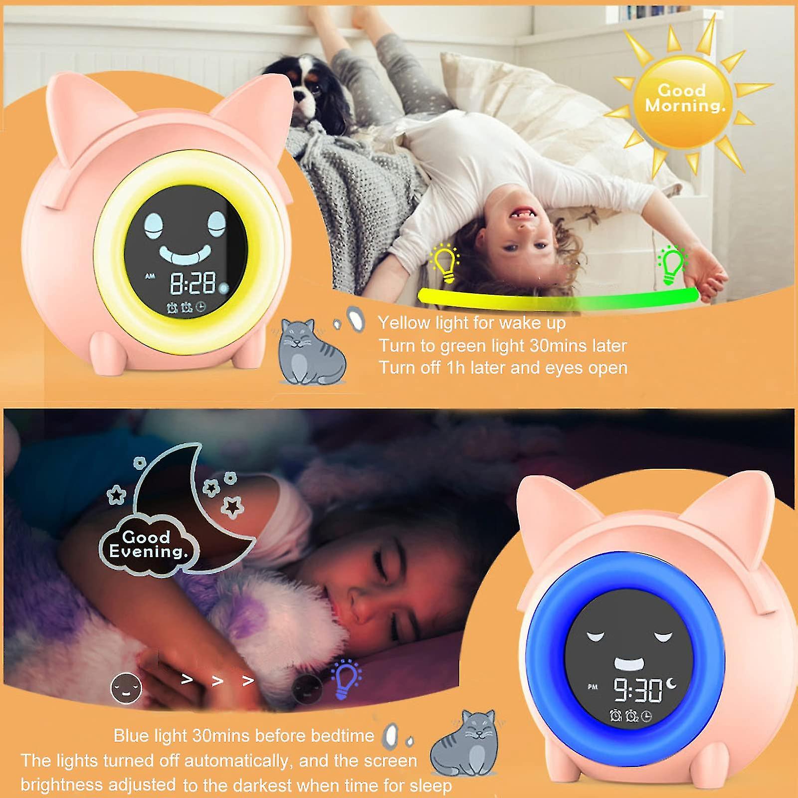 Cartoon Cat Alarm Clock For Kids With Snooze Function Indoor Temperature Detect Smart Light Adjustment