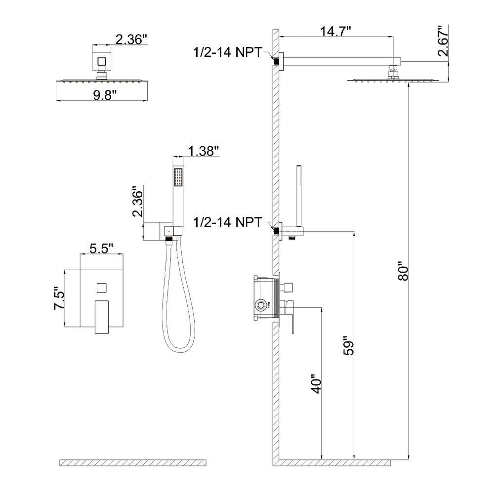 INSTER MINT 1-Spray 10 in. Square High-Pressure Rainfall Shower Head and Fashion Hand Shower in Brushed Nickel HDGS0008HB10N