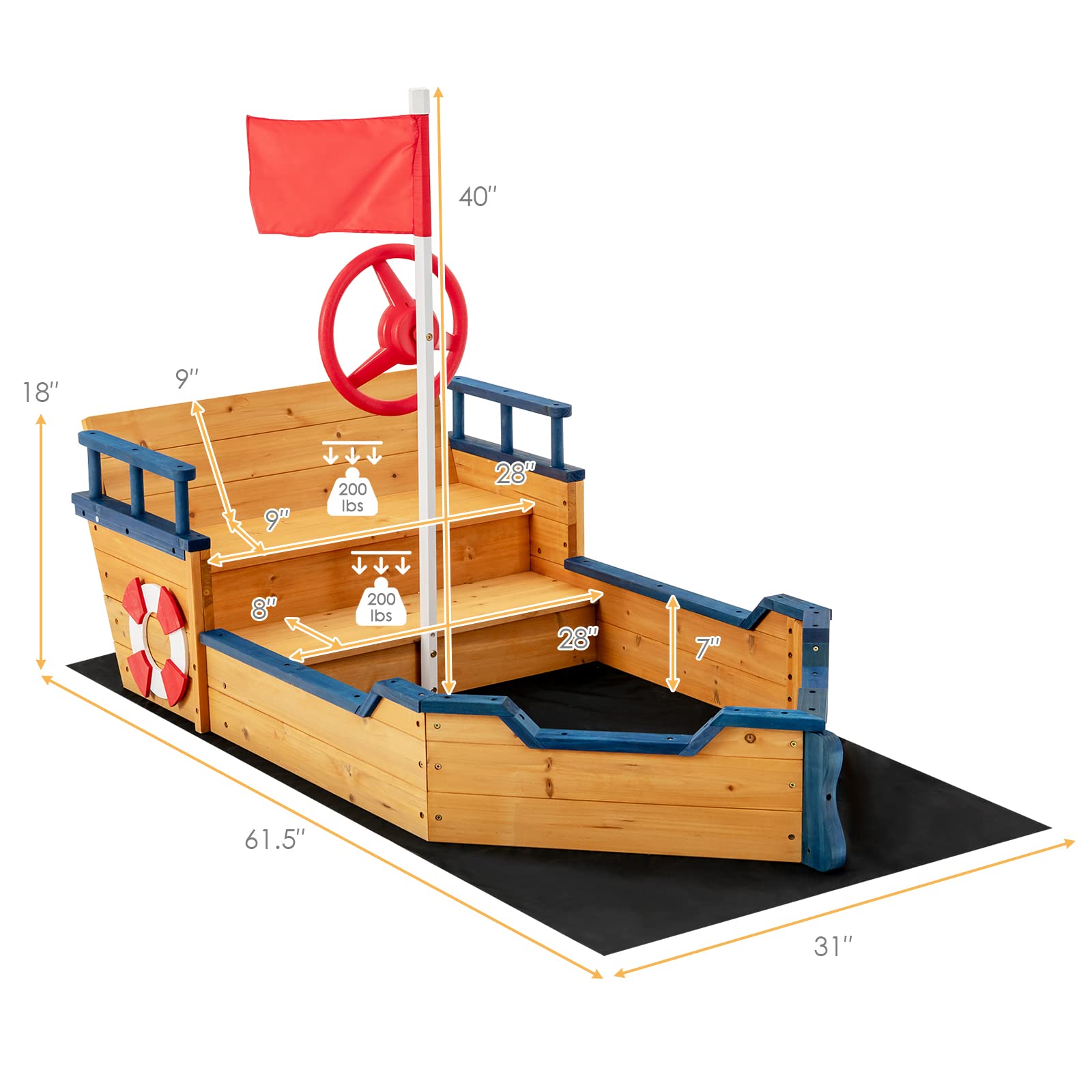 Costzon Pirate Boat Wood Sandbox for Kids, Wooden Pirate Sandpit w/Bench Seat