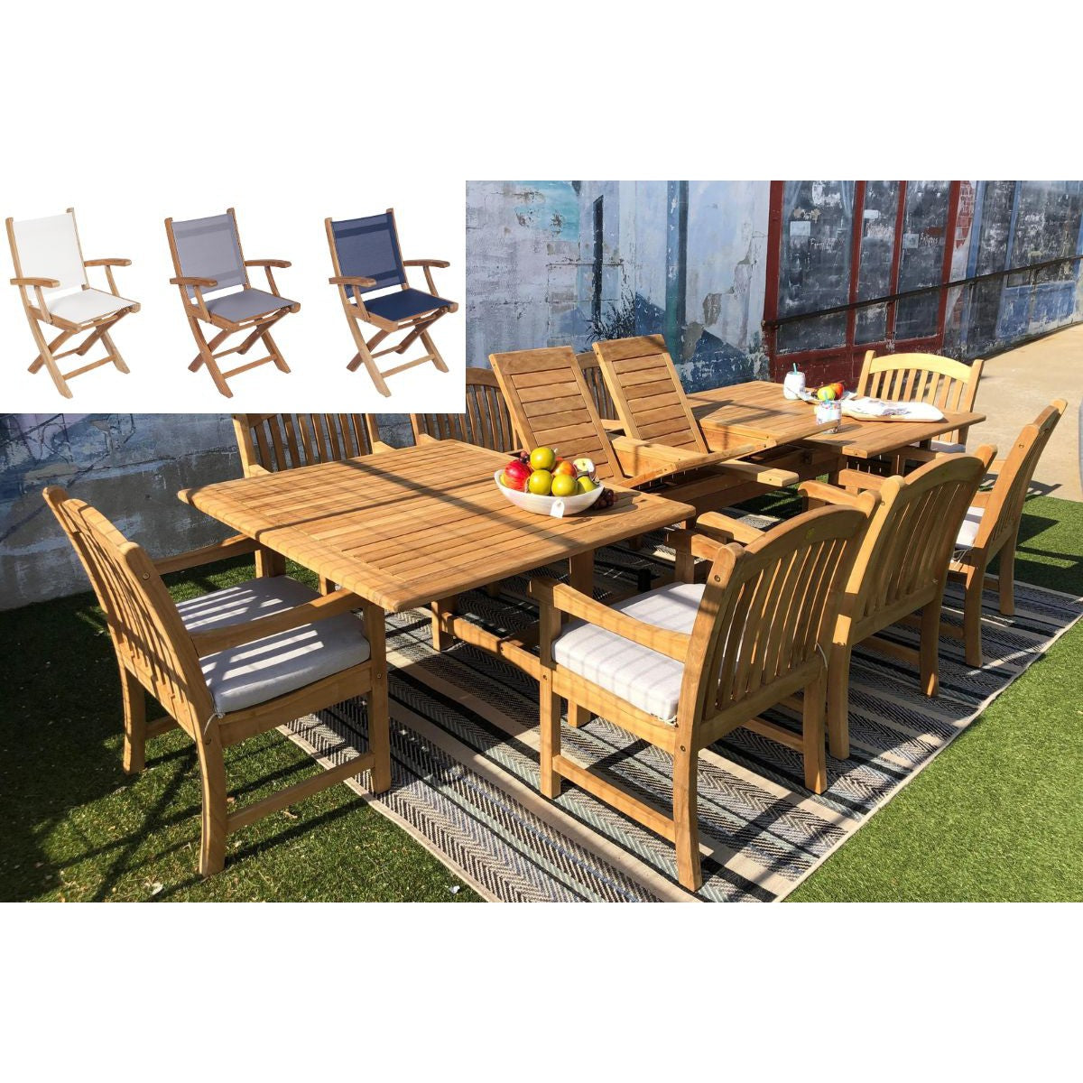 Teak Banquet 9pc Outdoor Dining Set (Teak Extendable Table 88-118 with 8 Teak Yacht Folding Yacht Arnchairs )