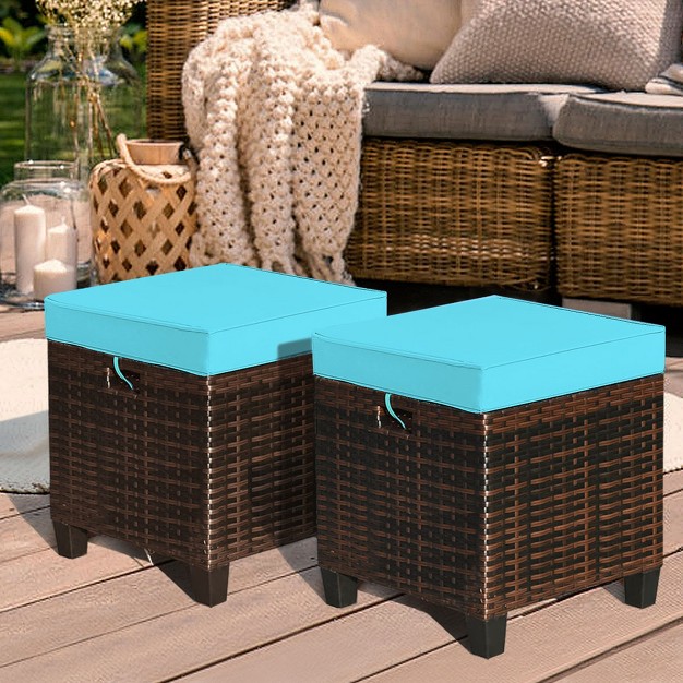 Tangkula Set Of 2 Patio Rattan Ottoman Footrest Garden Outdoor W Turquoise Cushion