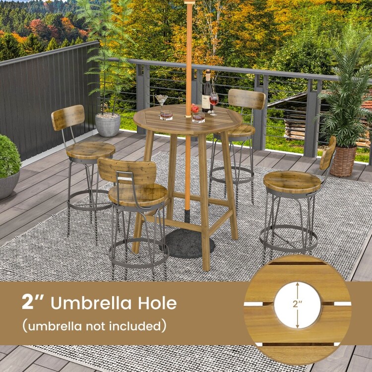 Bar Height Table with Umbrella Hole and Slatted Tabletop for Outdoors   31.5\