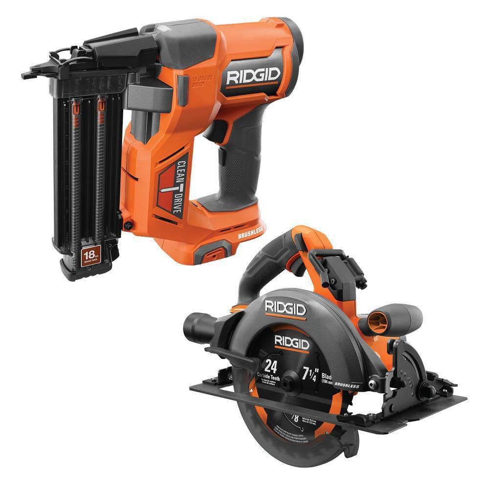 RIDGID 18V Brushless Cordless 18-Gauge 2-18 in. Brad Nailer with Brushless 7-14 in. Circular Saw (Tools Only) R09891B-R8657B