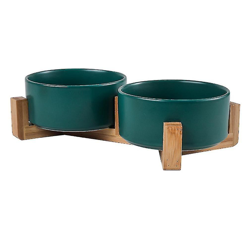 Ceramic Double Dog Bowl With Bamboo Stand For Cats And Dogs (400ml)