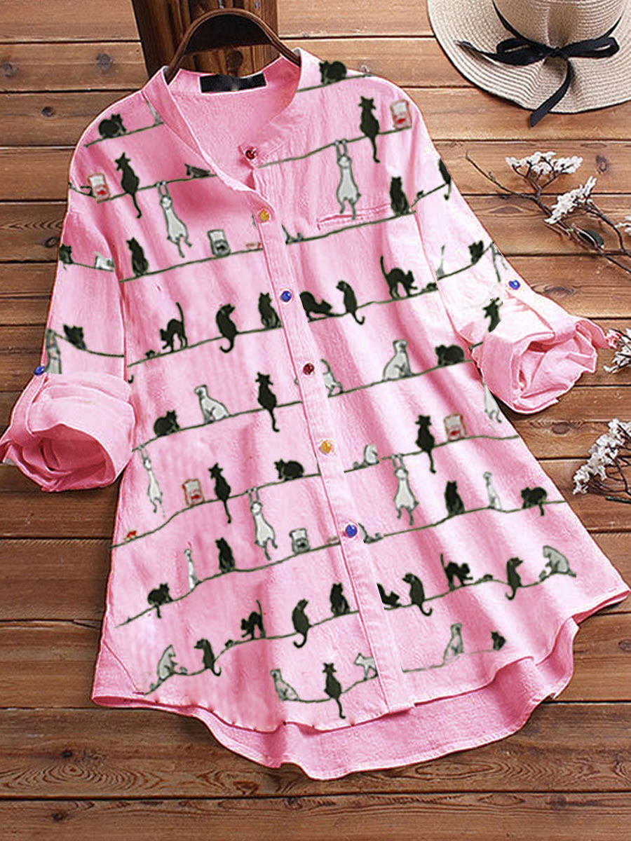 40% Off Cat Print Color Button Casual Long Blouse