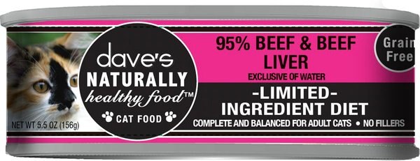 Dave's Pet Food Naturally Healthy 95% Beef and Beef Liver Canned Cat Food， 5.5-oz， case of 24