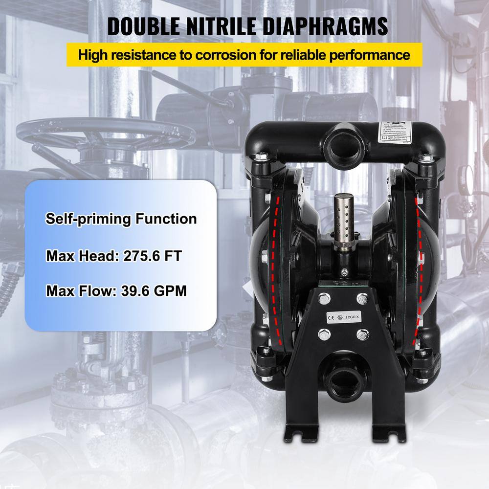 VEVOR Air-Operated Double Diaphragm Pump 1 in. Inlet Outlet Nitrile Diaphragm Aluminum 35 GPM Max 120PSI 275.6 ft. Head Lift YBGMBQBY4-25L0001V0