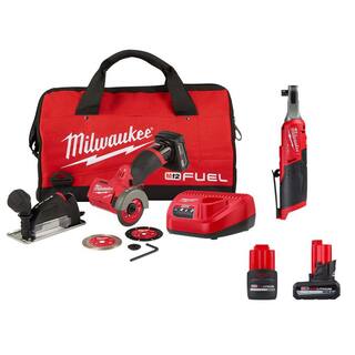 MW M12 FUEL 12V 3 in. Lithium-Ion Brushless Cordless Cut Off Saw Kit  38 in. Ratchet w5.0 Ah  2.5 Ah Batteries 2522-21XC-2567-20-48-11-2450-48-11-2425