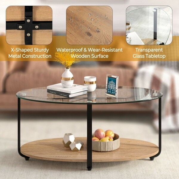 2-Tier Glass-Top Modern Coffee Table with Storage Shelf - 37