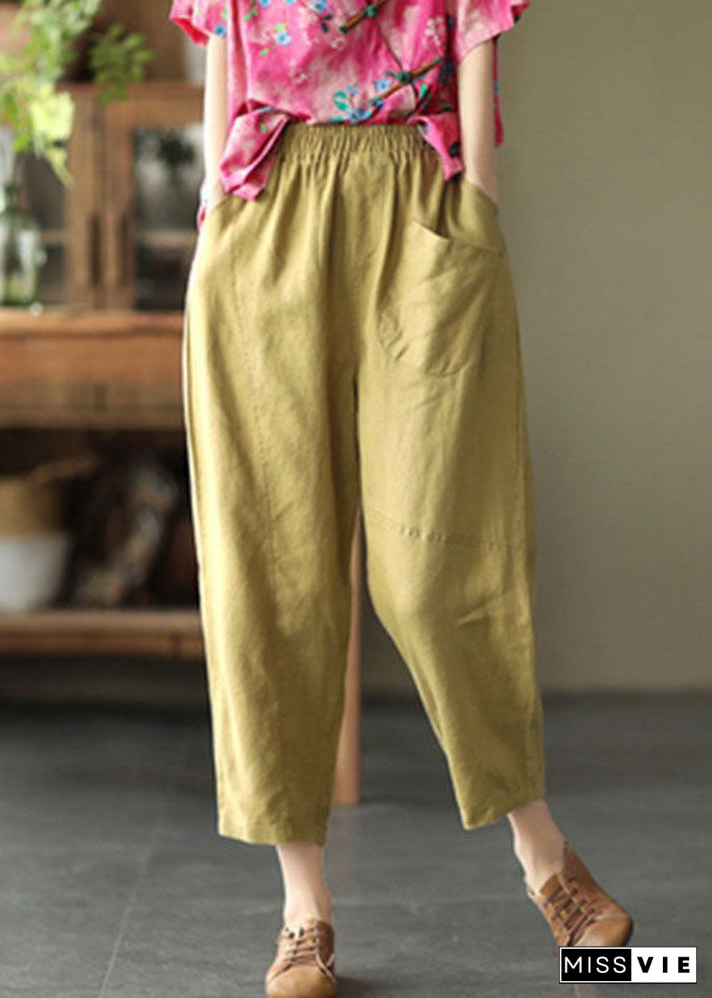 Boutique Yellow Pockets Patchwork Linen Crop Pants Summer