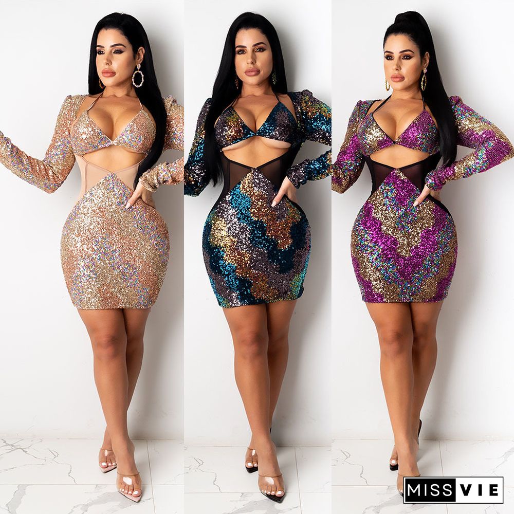 Sexy Sequins Mesh Long Sleeve Elegant Night Club Dresses