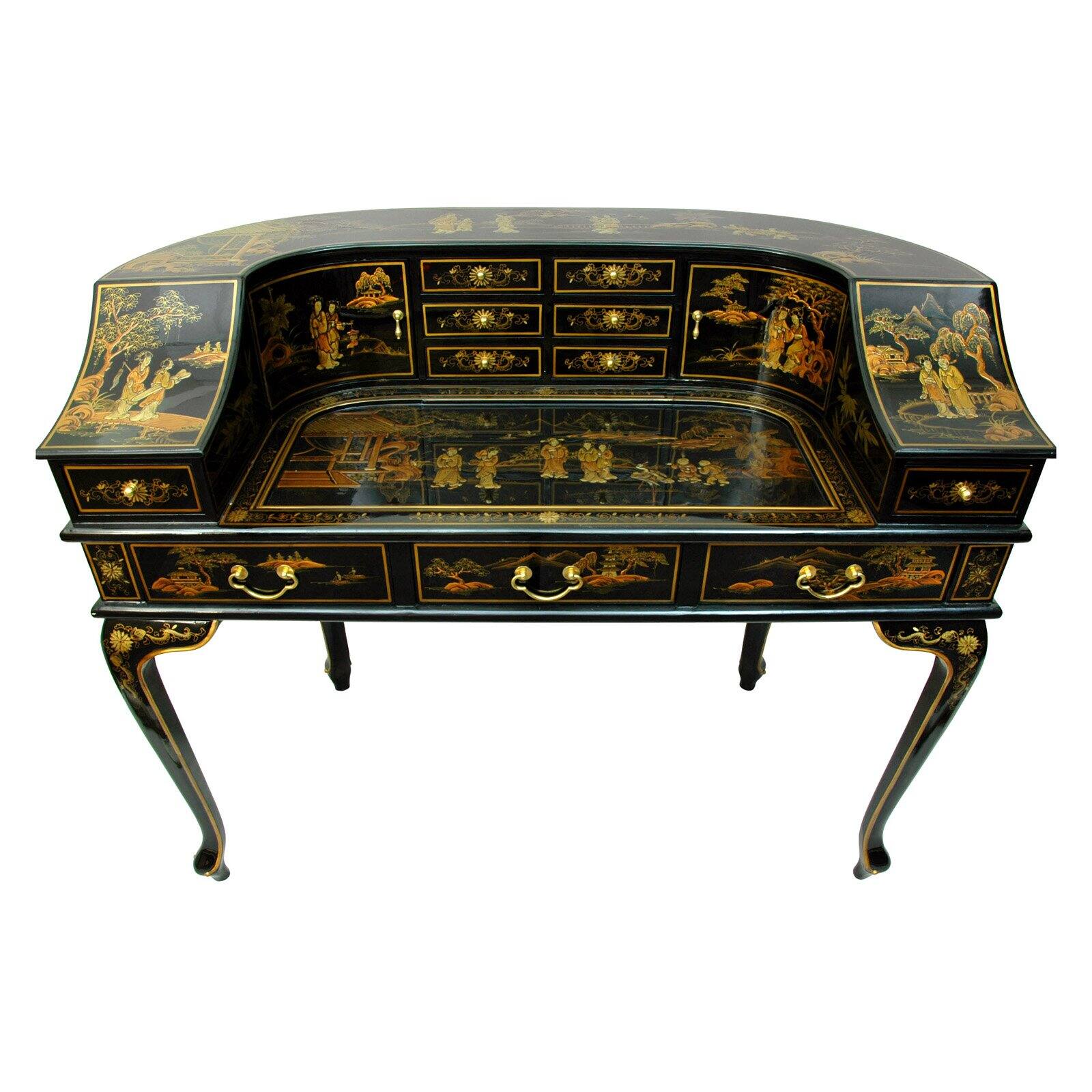 Oriental Furniture Black Lacquer Ladies Desk with Gold Chinoiserie