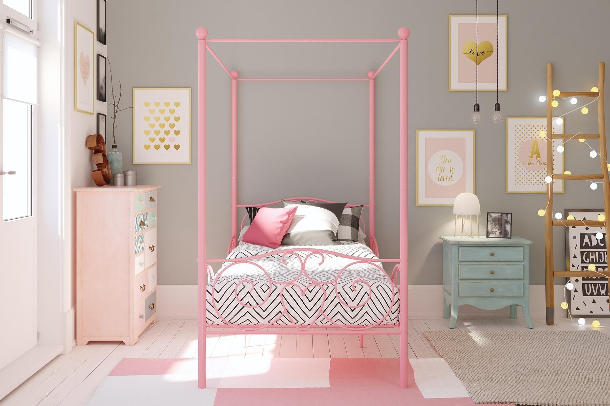 Elm & Oak Metal Canopy Kids Poster Bed, Twin, Pink