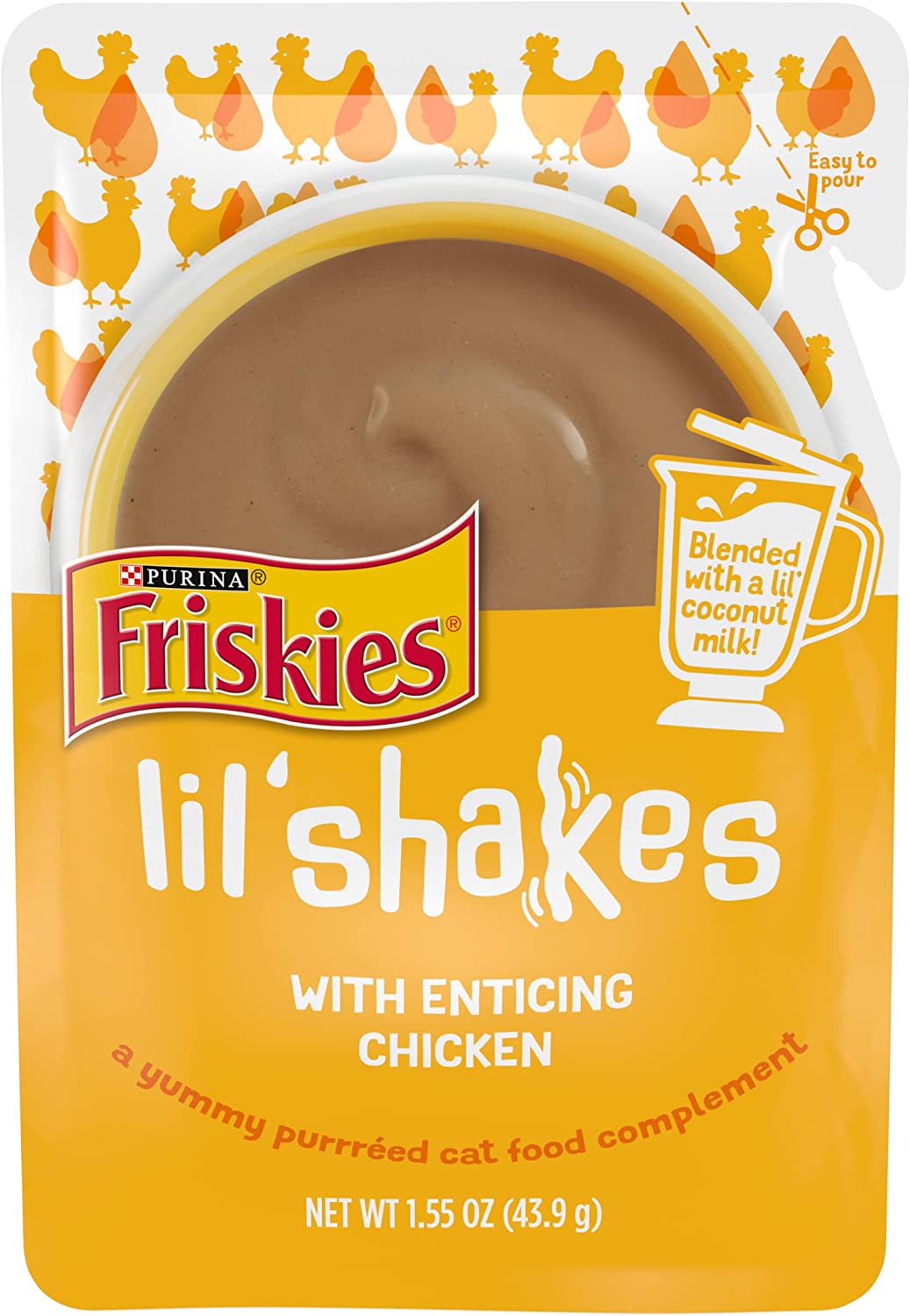 Purina Friskies Pureed Topper Lil' Shakes With Enticing Chicken Cat Food， 1.55-oz bag， Case of 16