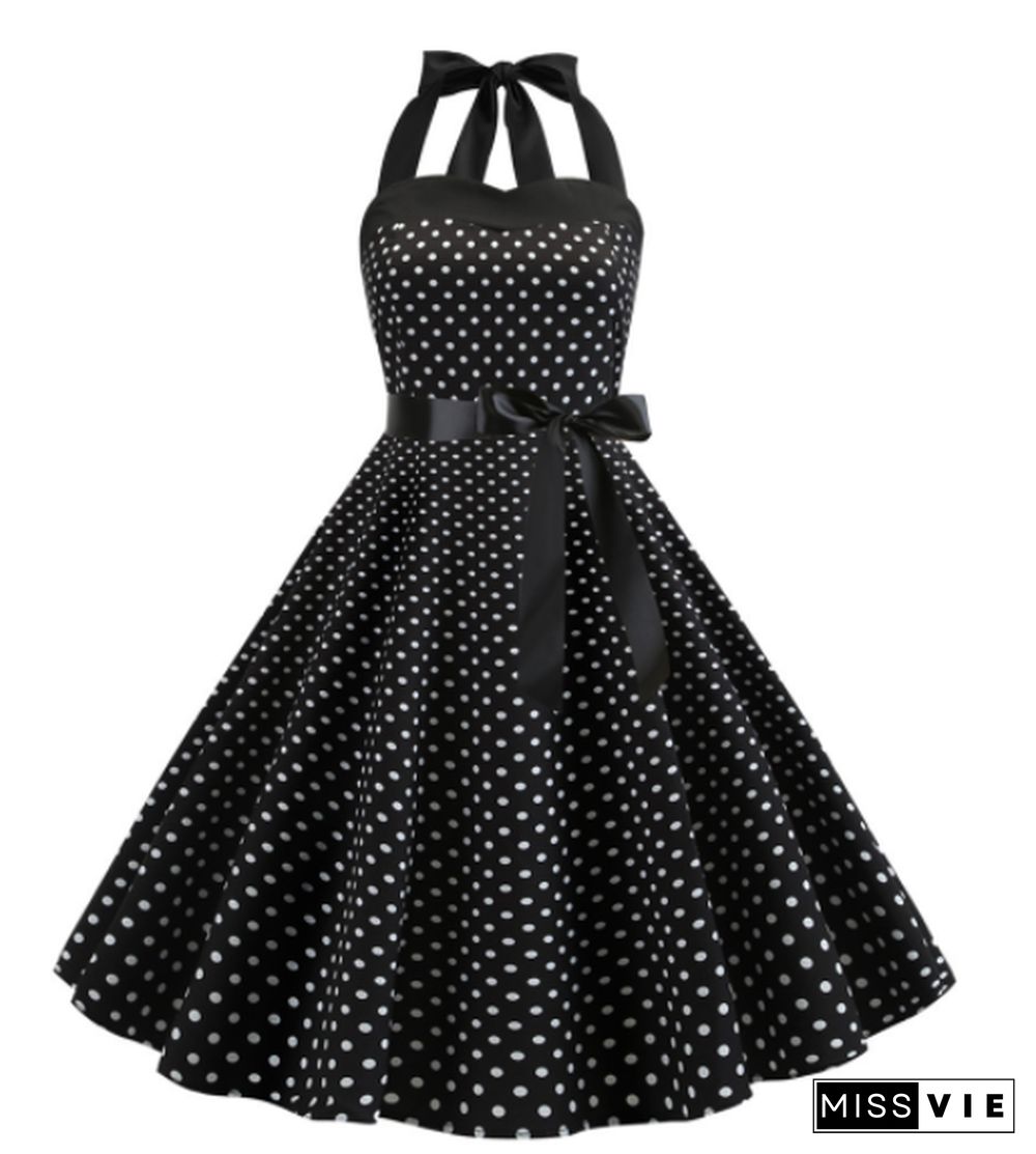 Women Polka Dot Print Summer Dress Sexy Retro White Black Halter Vintage Dress Robe Femme Pin Up 50S 60s Rockabilly Party Dress