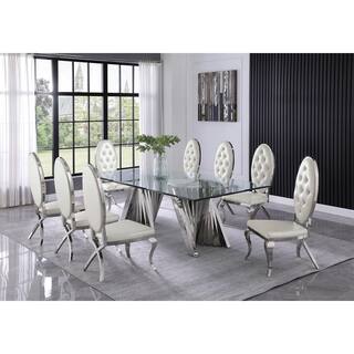 Best Quality Furniture Becky 9-Piece Rectangular Glass Top with Stainless Steel Base Table Set with 8-White Faux Leather Chairs with Crystals D03-8SC60