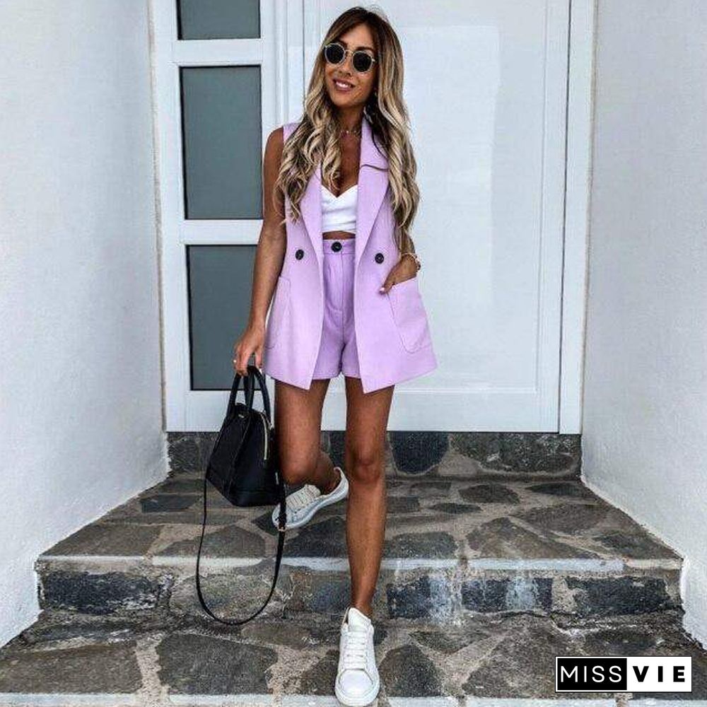 Women OL Two Piece Set Spring Summer Fashion Elegant Lady Slim Open Stitch Jacket Short Pants Woman 2pcs Blazer Set D30