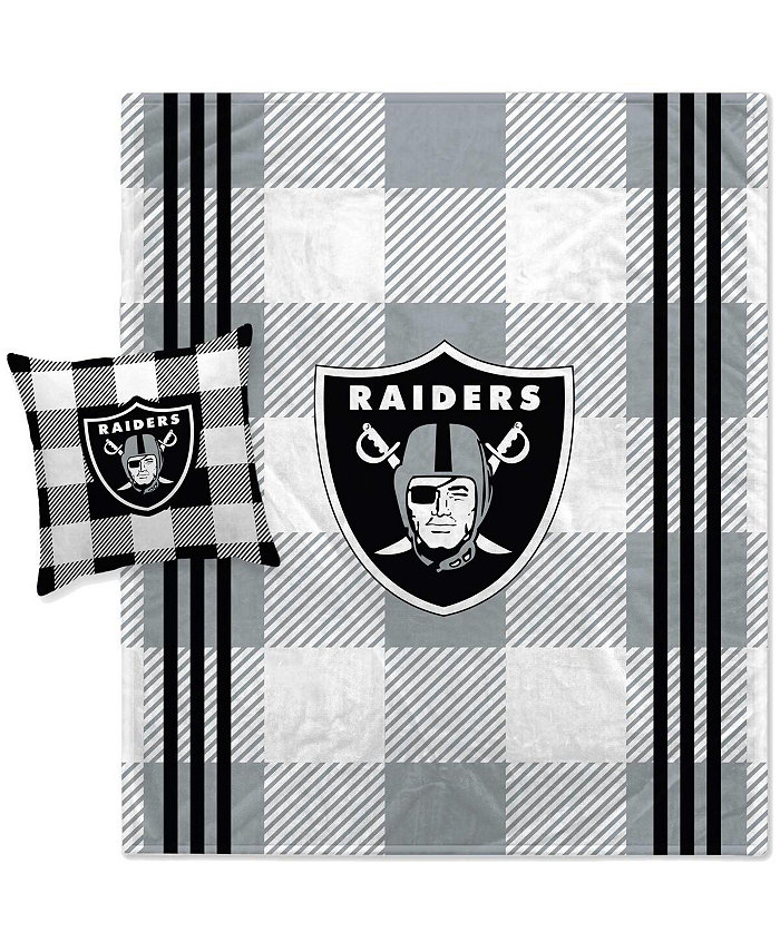 Pegasus Home Fashions Las Vegas Raiders Gray Plaid Stripes Blanket and Pillow Combo Set