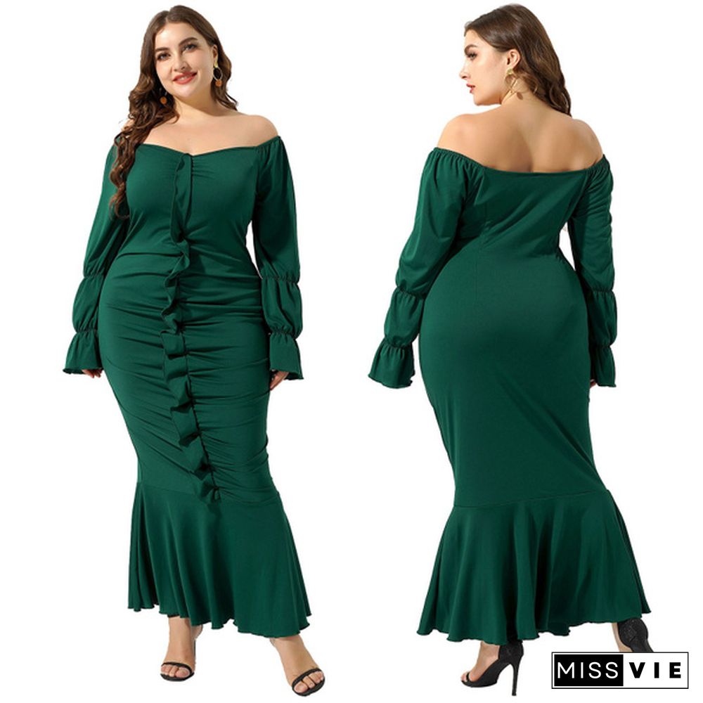 Pure Color Front Ruffle Off Shoulder Long Sleeves Bottom Of Fish Tail Solid Color Elegant Long Dresses Spring Clothing #XL-4XL