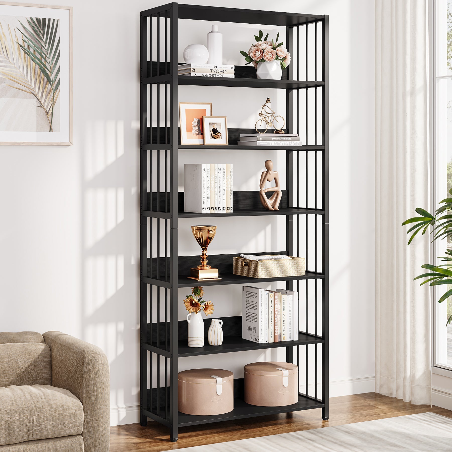 6-Tier Bookshelf, Vintage Storage Display Rack With Open Shelves