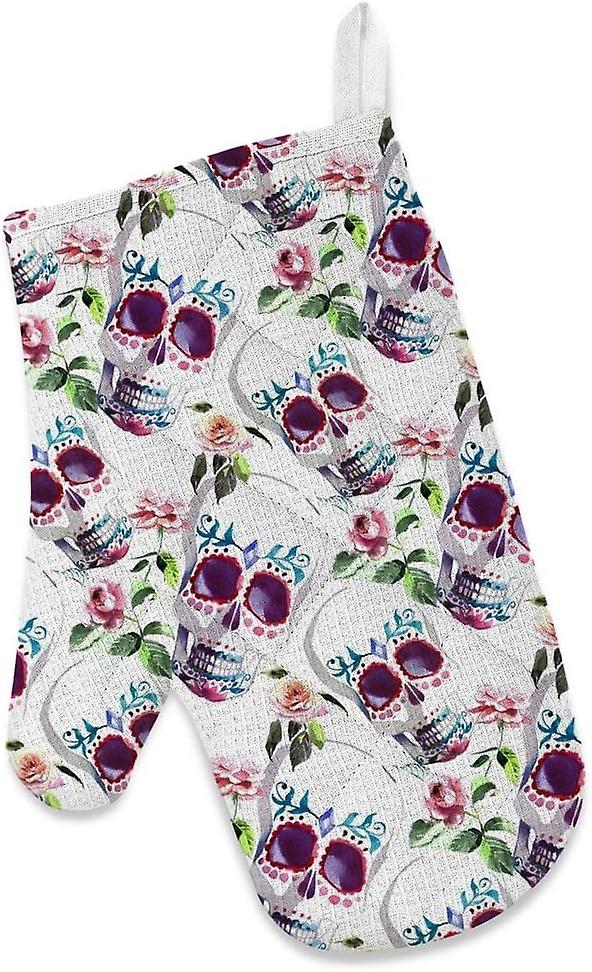 Insulation Kitchen Oven Mitts Potholder Apron 3pcs Set Floral Skull Tender Roses Non Slip Heat Resistant Gloves For Baking Cooking Bbq