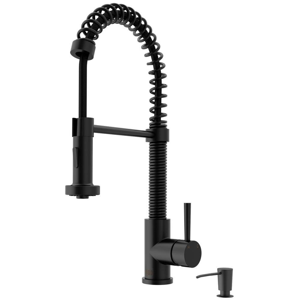 VIGO Edison Single Handle Pull-Down Sprayer Kitchen Faucet Set with Soap Dispenser in Matte Black VG02001MBK2