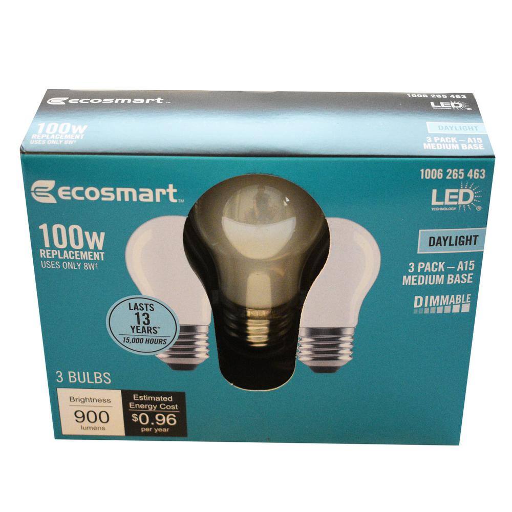 EcoSmart 100- -Watt Equivalent A15 Dimmable Appliance Fan Frosted Glass Edison Filament LED Light Bulb Daylight (3-Pack) FG-04208