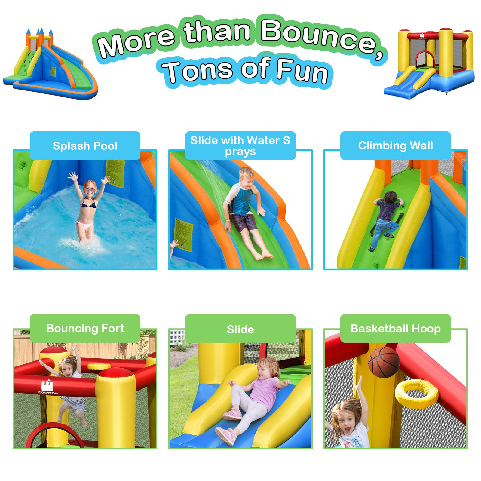 BOUNTECH Kids Jumper Bounce House with Water Slide, Inflatable Slide Bouncer Combo w/ Air Blower (2 in 1 Combo)