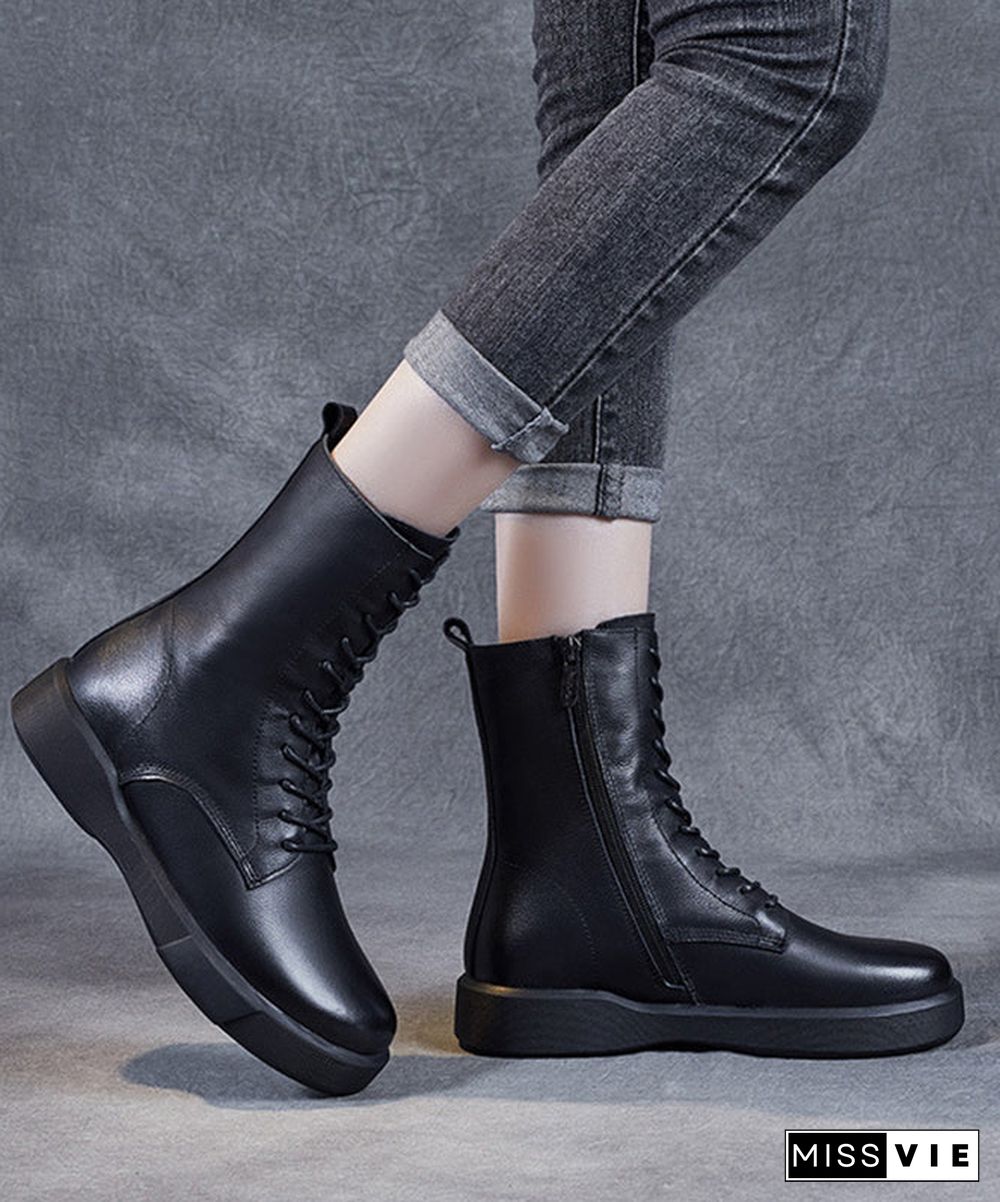 Chic Black Platform Cowhide Leather Lace Up Boots